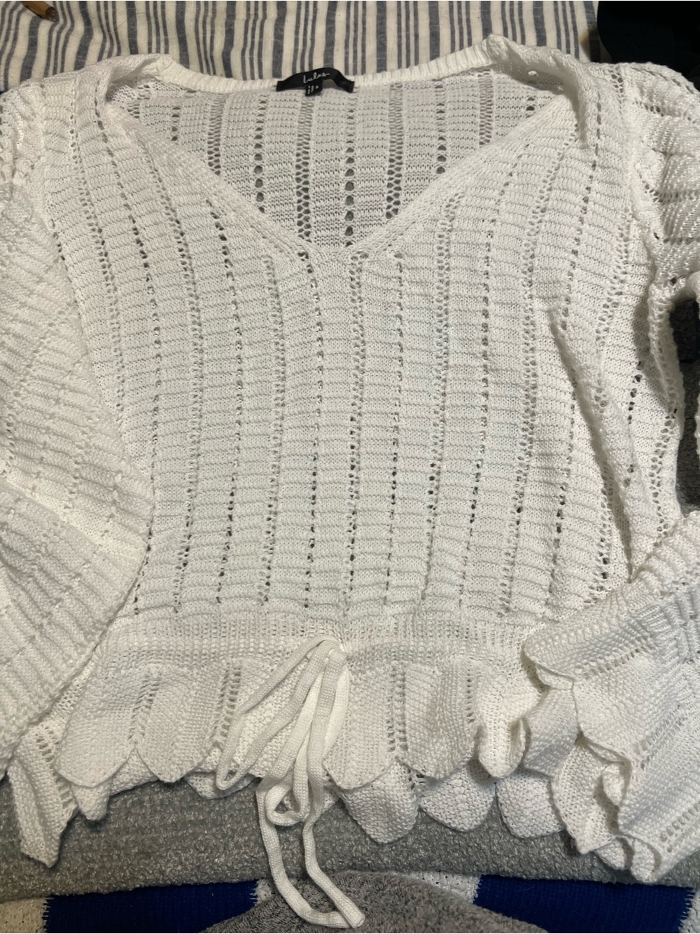 lulu’s White V-Neck Knit Sweater with Drawstring Hem